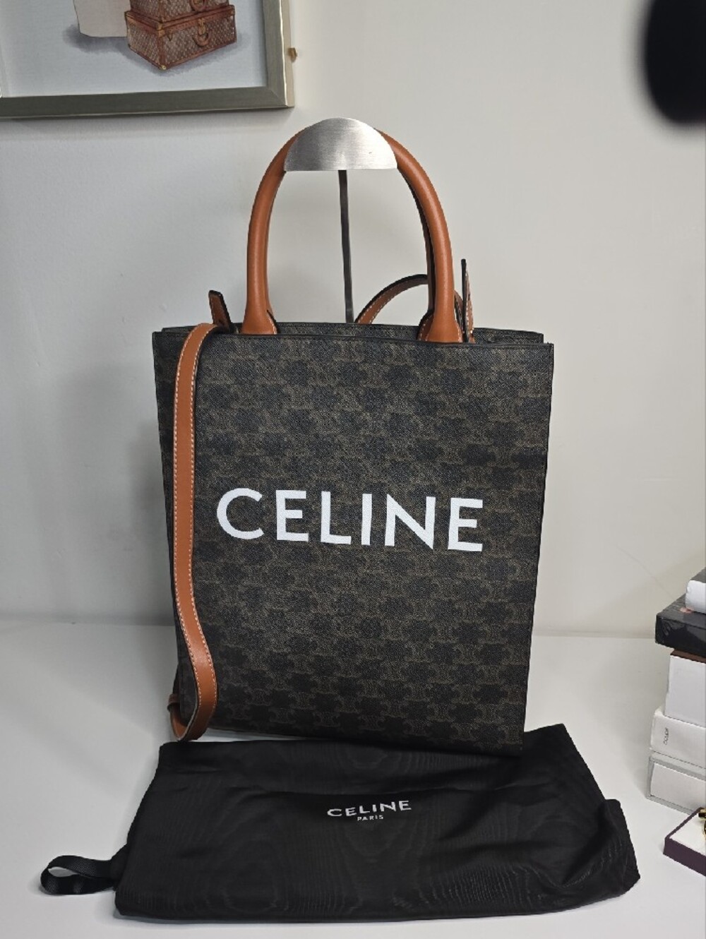 Celine Brown Logo Canvas Tote with Tan Handles